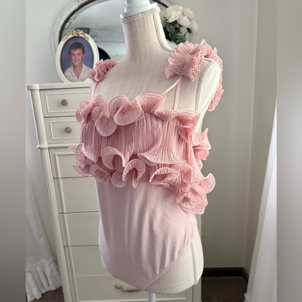 NWT Free People Pink Ruffled Bodysuit Size Large